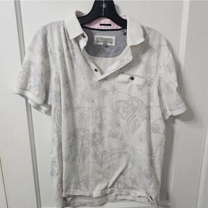 Ted Baker polo shirt. White with gray lined flowers and leaves. Sz 10